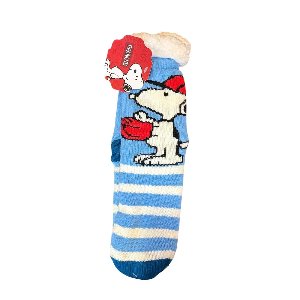 Peanuts Snoopy Slipper Socks Sherpa Lined Blue White Striped NWT One Size